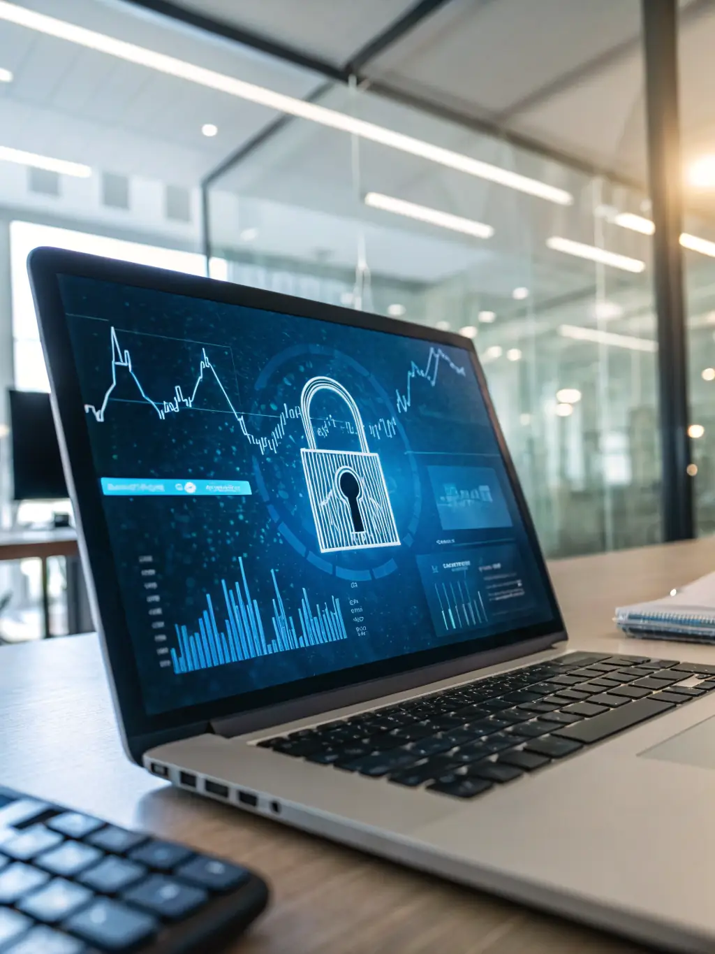 A digital lock icon superimposed on a network of interconnected computers, illustrating the importance of cyber risk management.